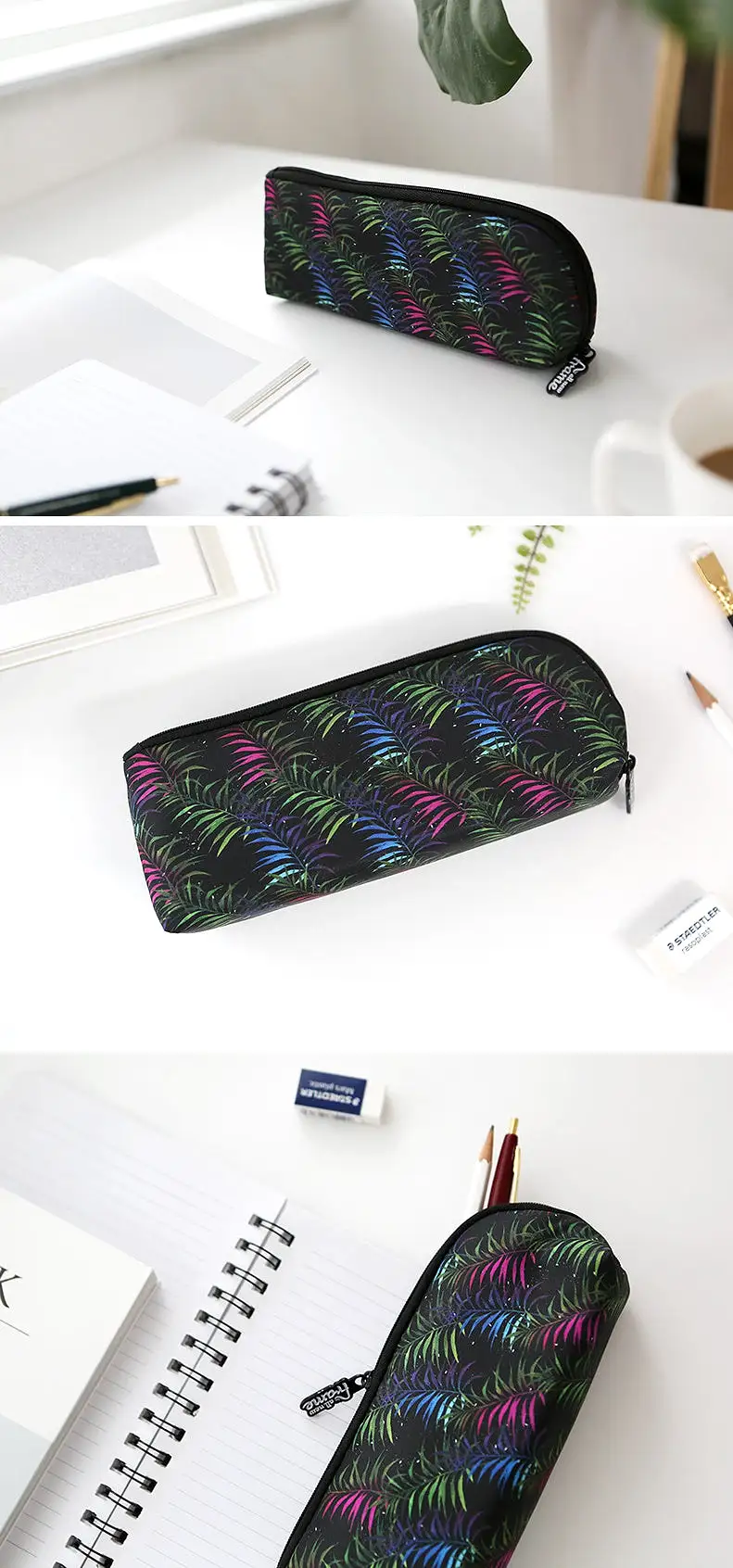 Multi-colored Black Tropical Floral Flower Graphic Pencil Cases Stationery Zipper School 19cm Office organizers cosmetic pouches