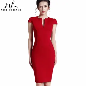 Nice-forever Office Women Vintage Summer Solid Deep V neck Zipper Back Formal Stretch Pencil work Bodycon Pocket Dress 521