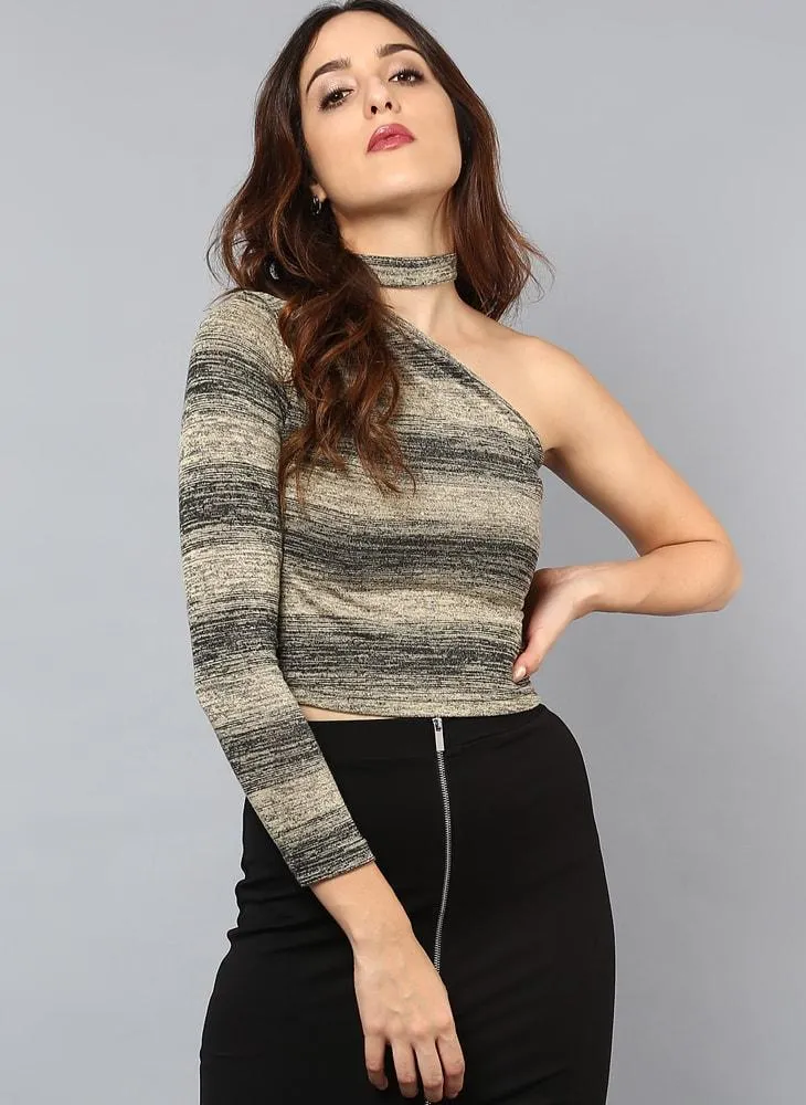 One Shoulder Striped Crop top with Tie-up neck