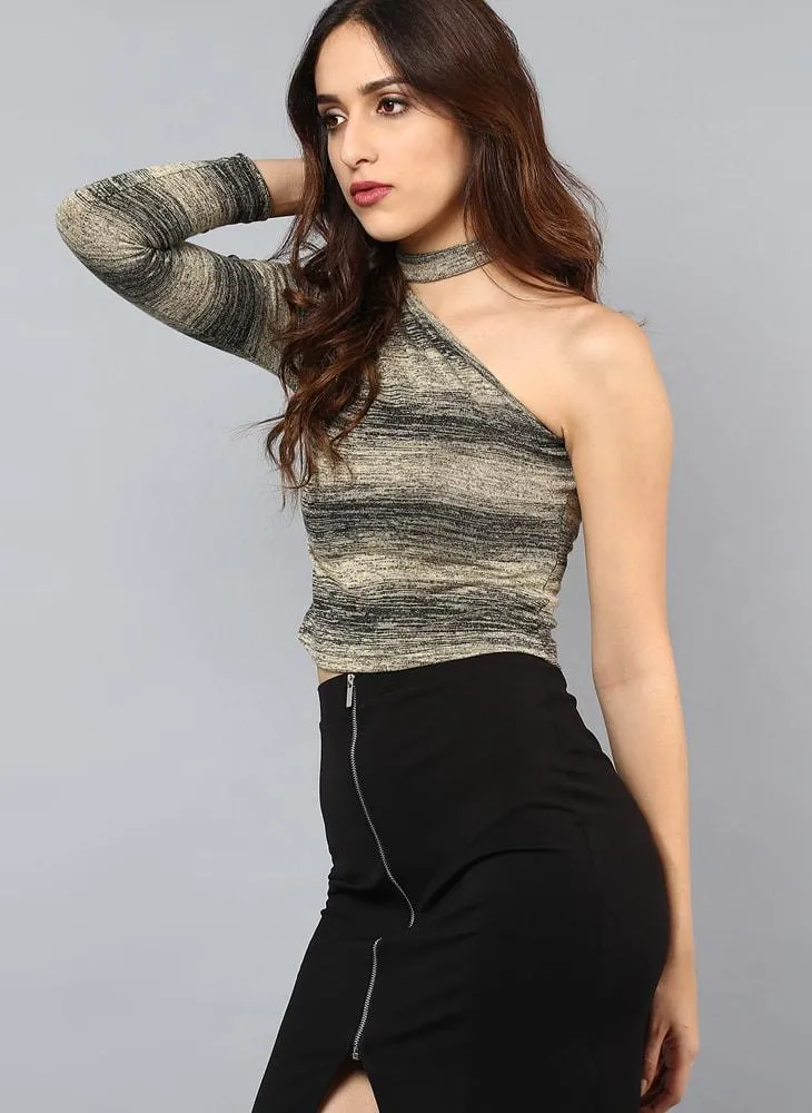 One Shoulder Striped Crop top with Tie-up neck