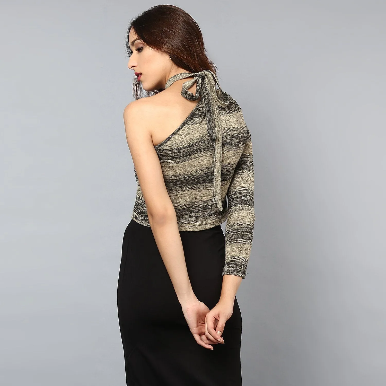 One Shoulder Striped Crop top with Tie-up neck