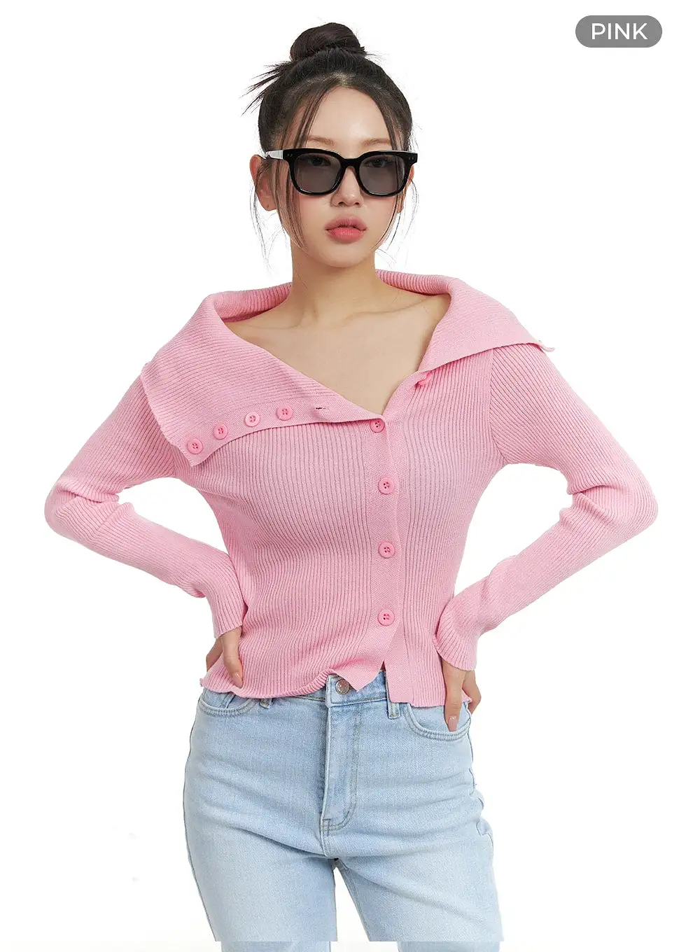 Open Collar Buttoned Knit Top OM428