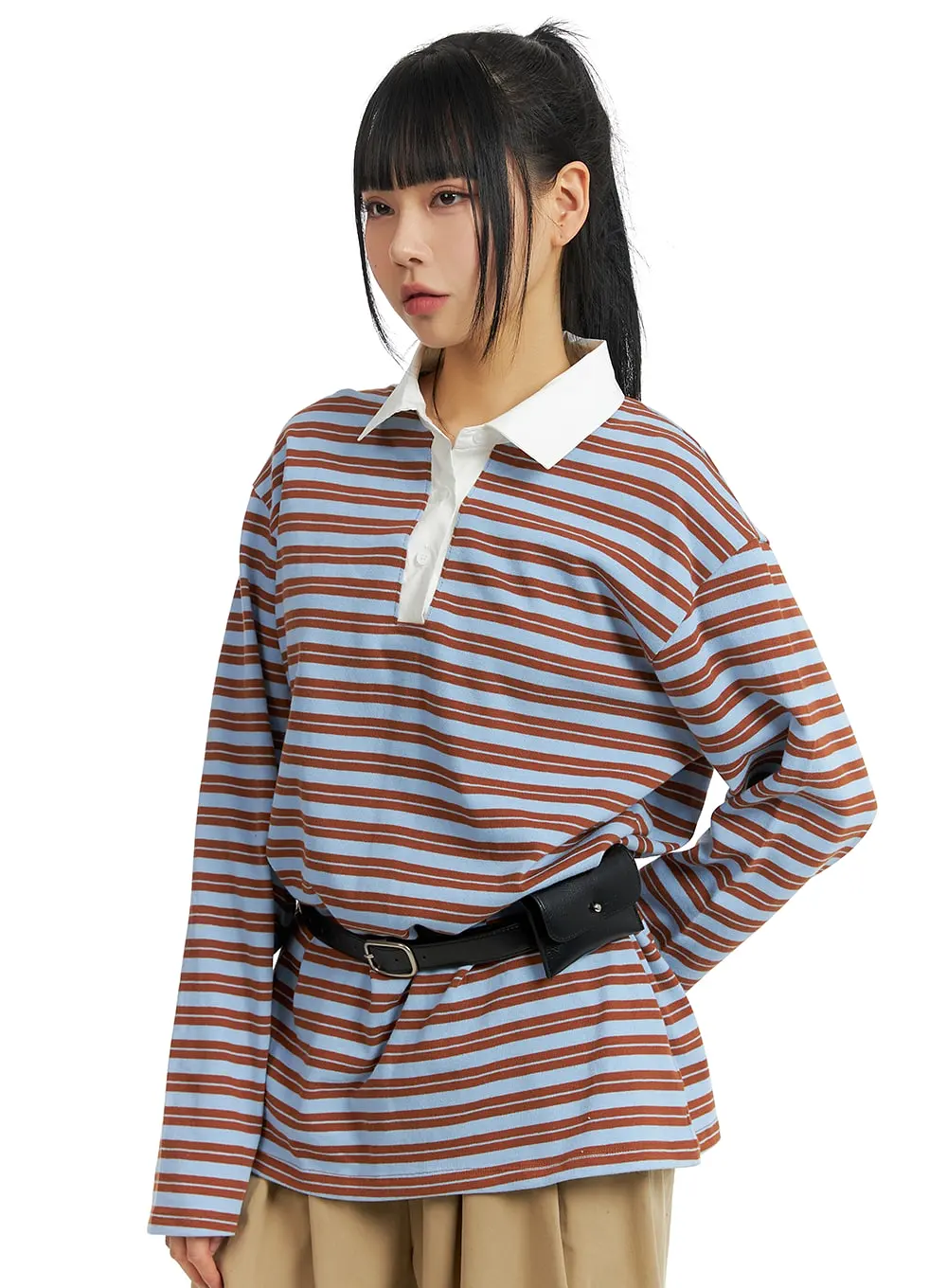 Oversized Collar Stripe Button Long Sleeve Tee CM406