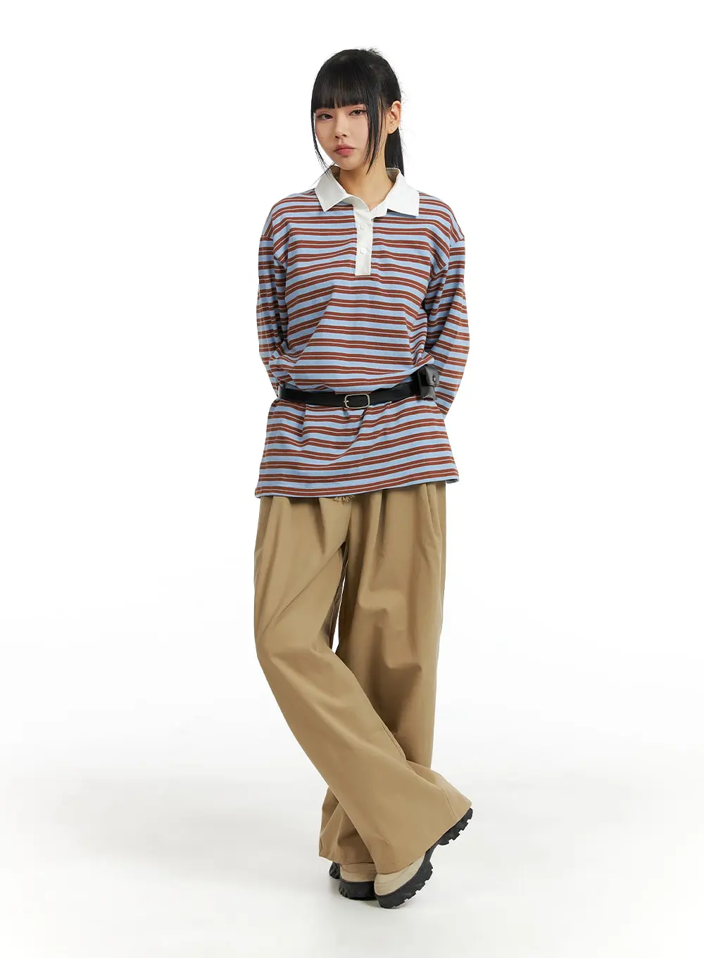 Oversized Collar Stripe Button Long Sleeve Tee CM406