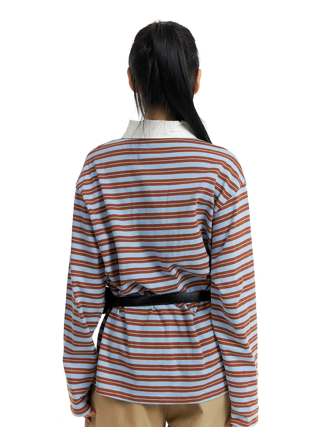 Oversized Collar Stripe Button Long Sleeve Tee CM406