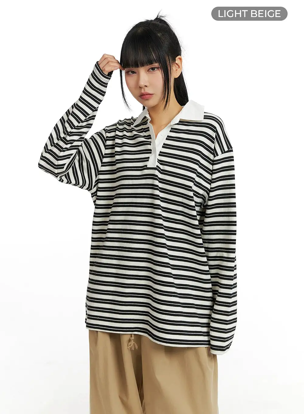 Oversized Collar Stripe Button Long Sleeve Tee CM406