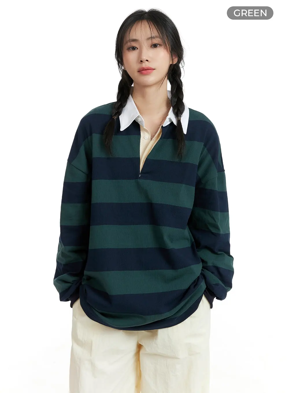 Oversized Collar Striped Button Long Sleeve OM408