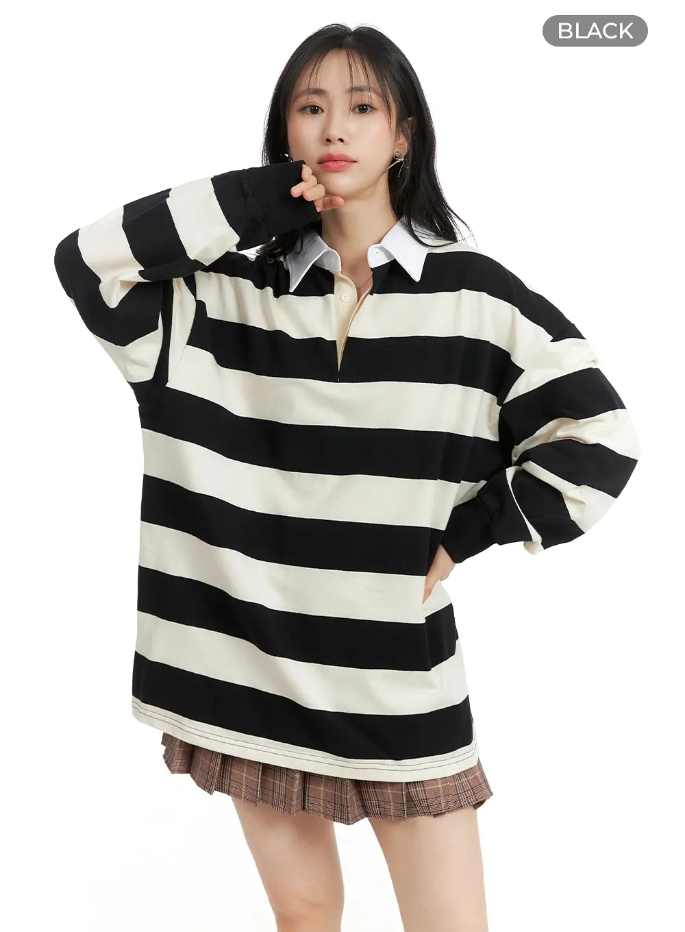 Oversized Collar Striped Button Long Sleeve OM408