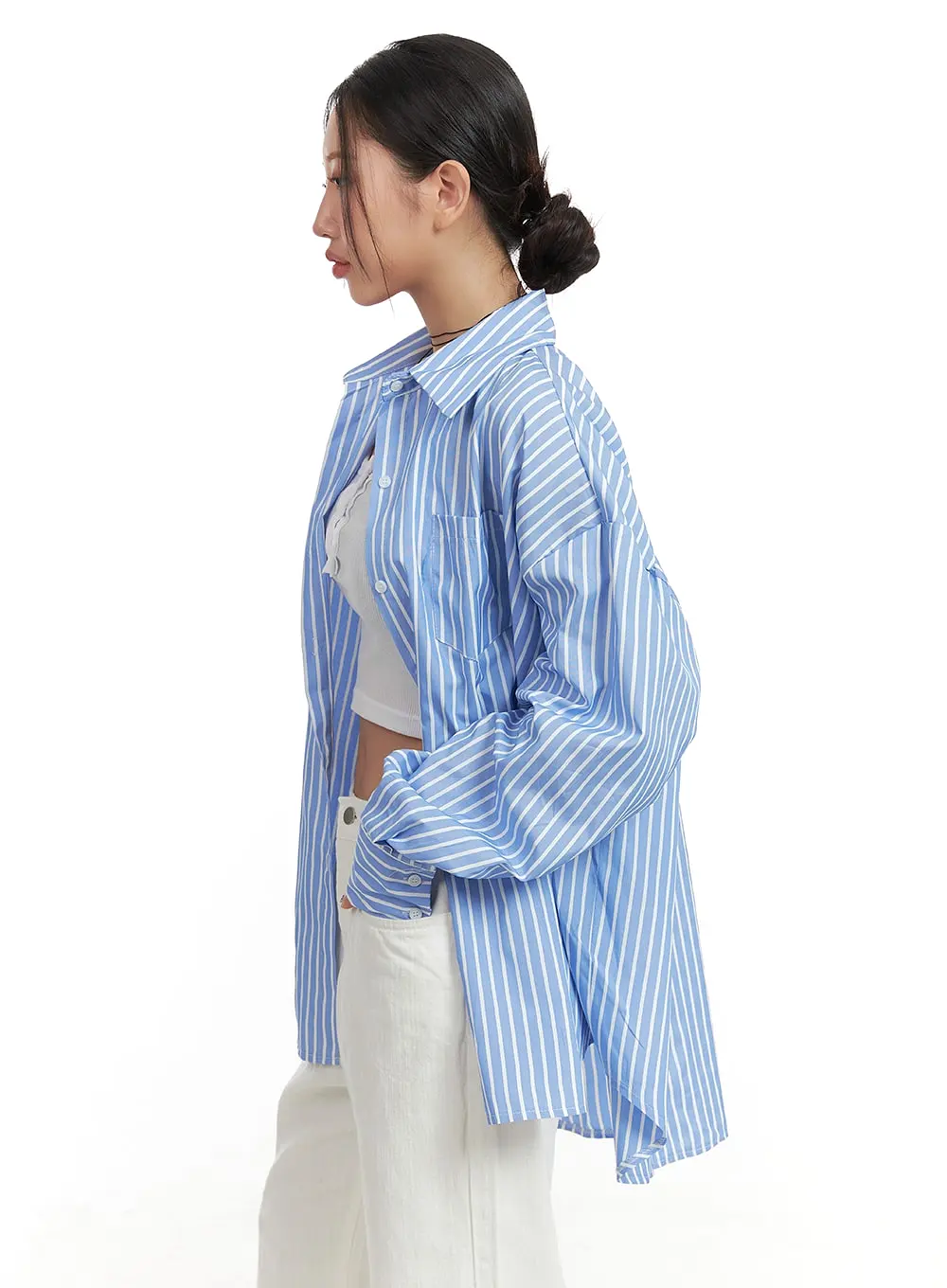 Oversized Stripe Buttoned Collar Blouse OA416