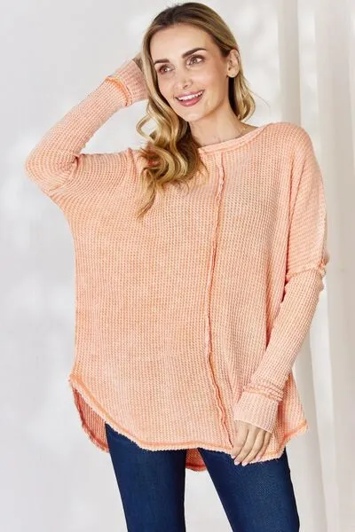 Oversized Washed Waffle Long Sleeve Top - Light Orange