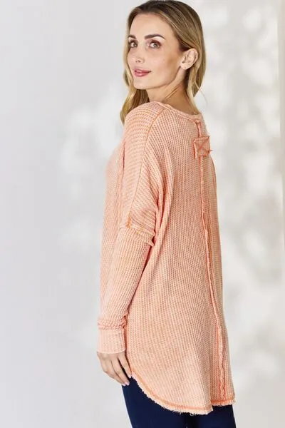 Oversized Washed Waffle Long Sleeve Top - Light Orange