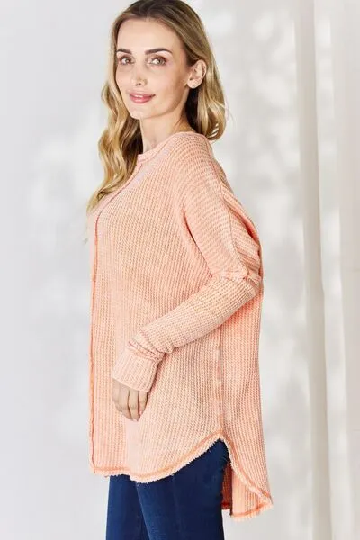 Oversized Washed Waffle Long Sleeve Top - Light Orange