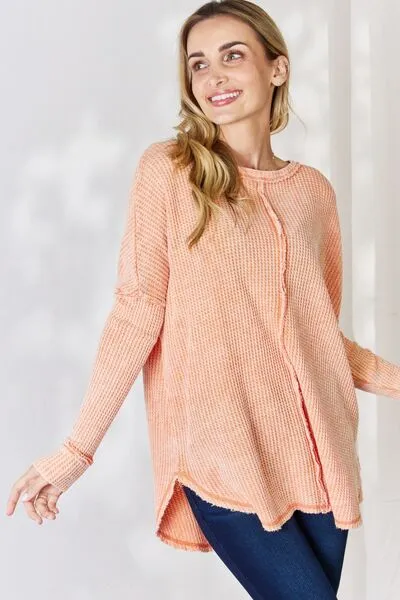 Oversized Washed Waffle Long Sleeve Top - Light Orange