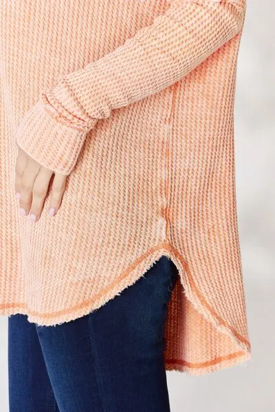 Oversized Washed Waffle Long Sleeve Top - Light Orange