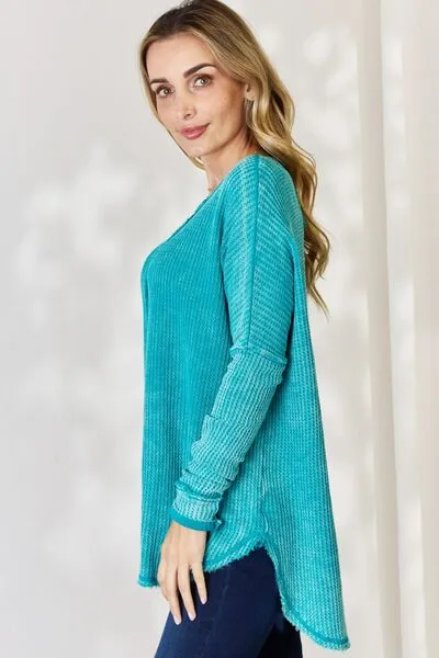 Oversized Washed Waffle Long Sleeve Top - Light Teal