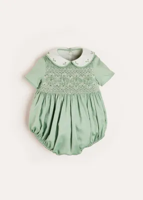 Peter Pan Collar Handsmocked Short Sleeve Romper in Green (6mths-2yrs)