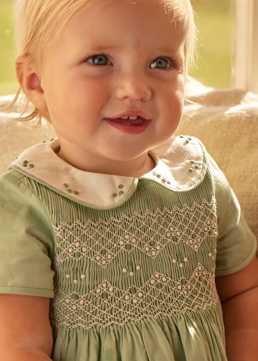 Peter Pan Collar Handsmocked Short Sleeve Romper in Green (6mths-2yrs)