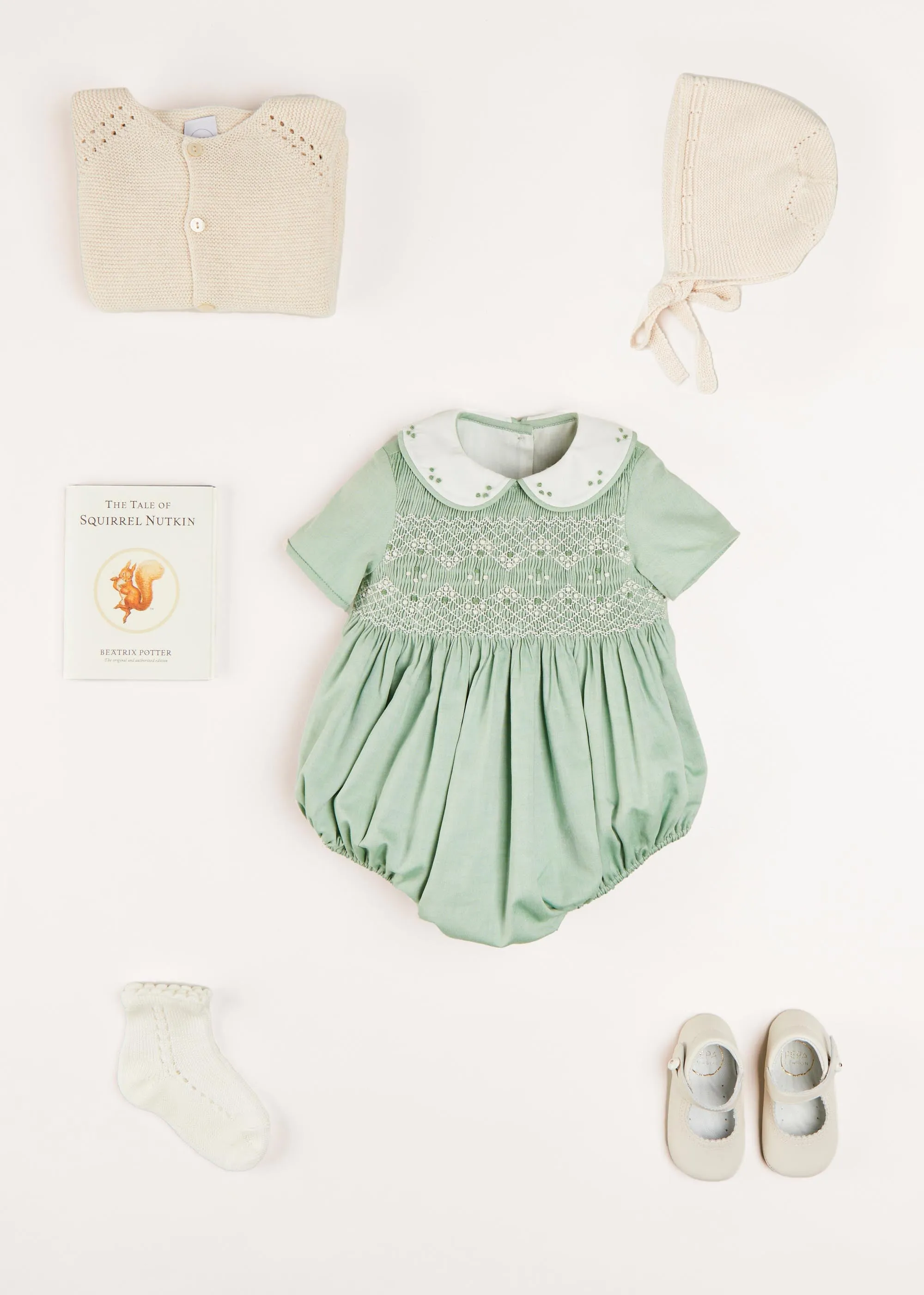 Peter Pan Collar Handsmocked Short Sleeve Romper in Green (6mths-2yrs)