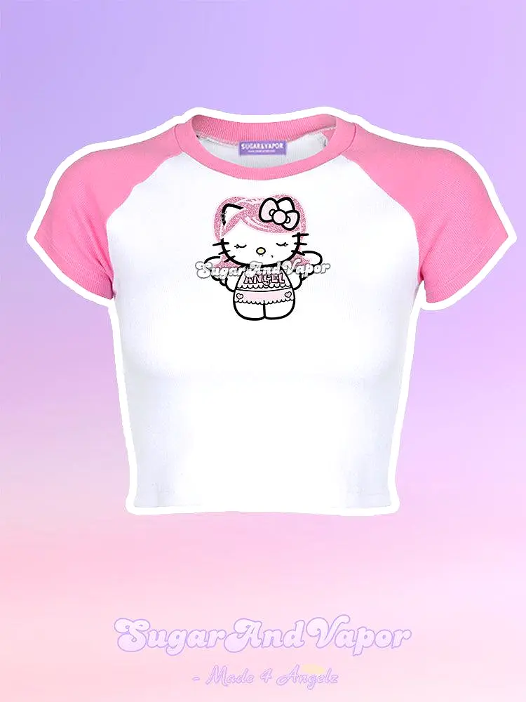 Pink Angel Kitty Raglan Crop Tee