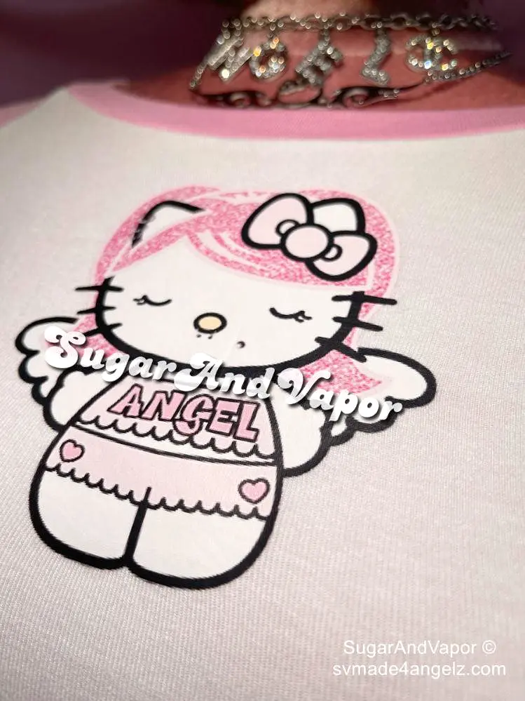 Pink Angel Kitty Raglan Crop Tee