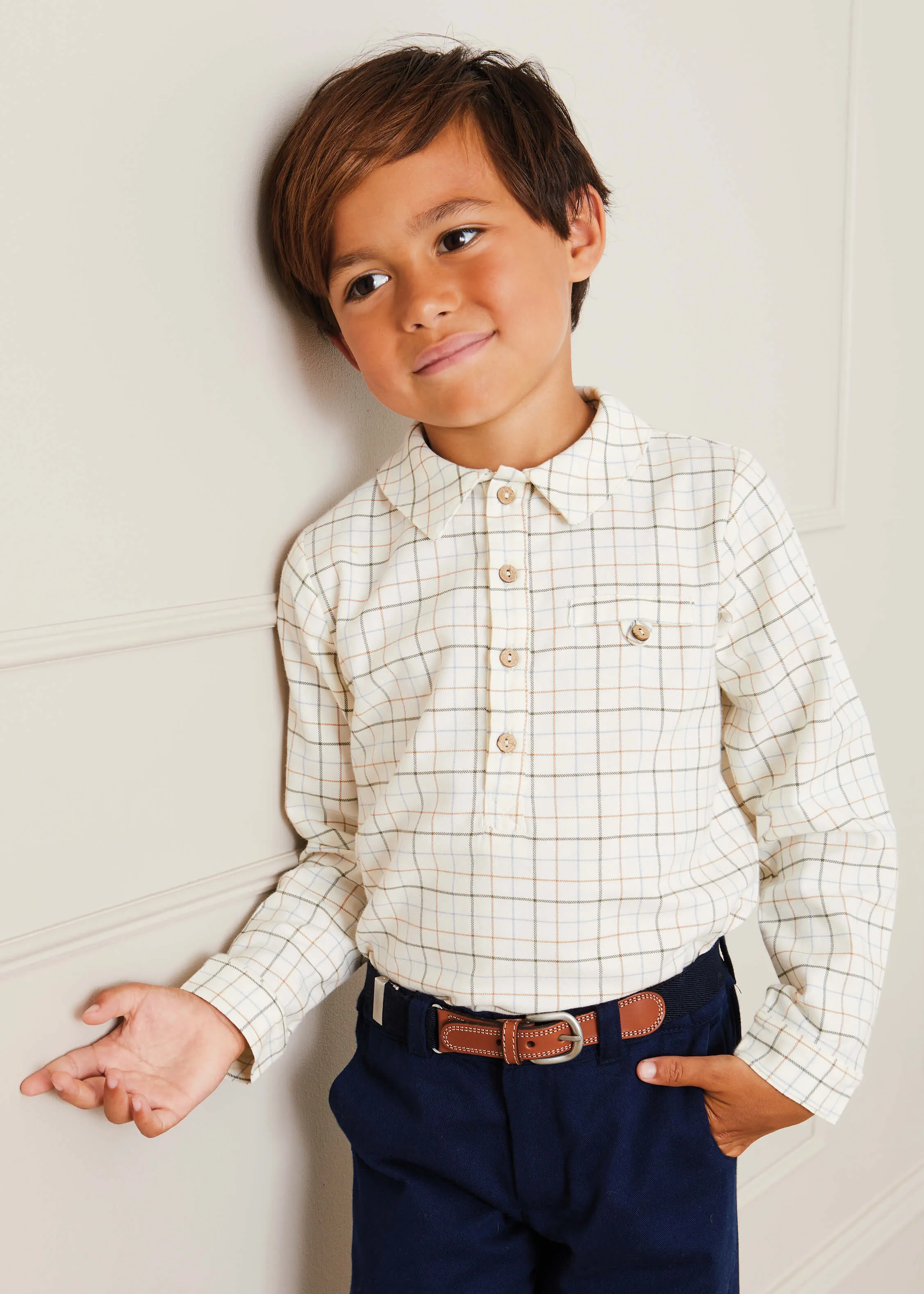 Polo Collar Long Sleeve Shirt in Brown (12mths-10yrs)