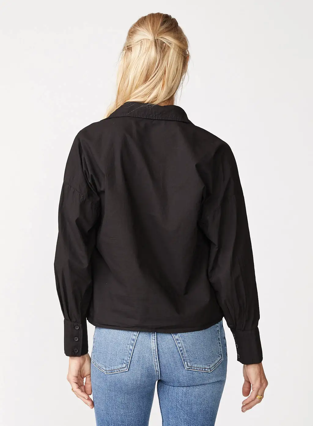 Poplin Long Sleeve Front Twist Button Up Shirt in Black