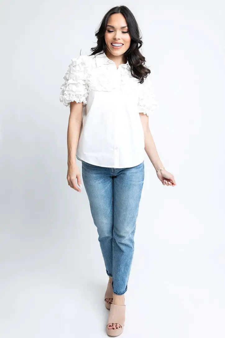 Poplin Ruffle Button Up Top