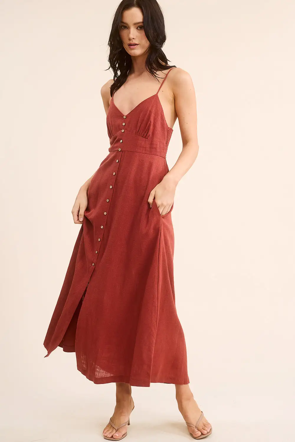 Red Button Front Maxi Dress