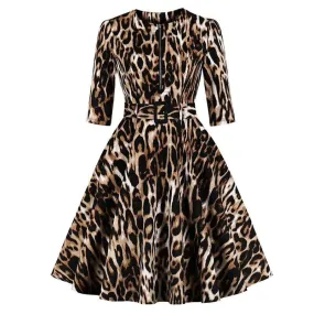 Retro Leopard Print Rockabilly 95% Cotton Adjustable Front Zipper Belted Office Lady Autumn Vintage Dress