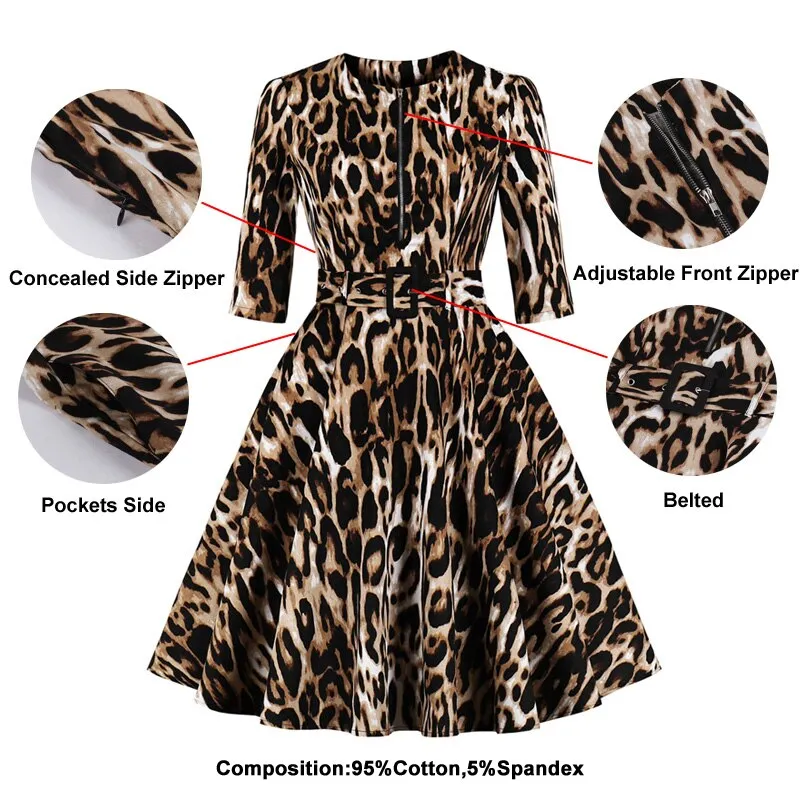 Retro Leopard Print Rockabilly 95% Cotton Adjustable Front Zipper Belted Office Lady Autumn Vintage Dress