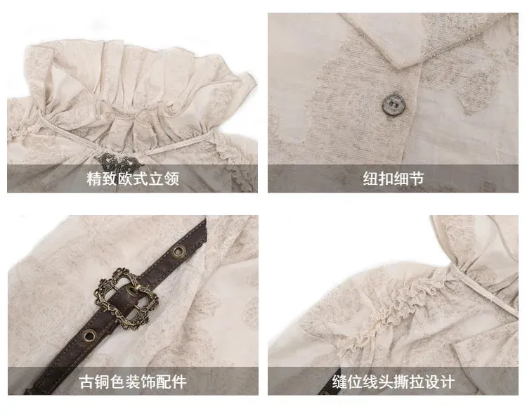 Retro Steampunk Cotton Linen Ruffled Standing Collar Long Lantern Sleeve Blouse