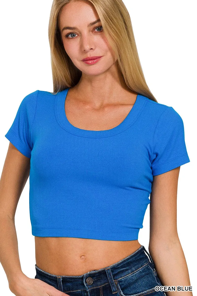 RIBBED SCOOP NECK CROP SHORT SLEEVE TOP