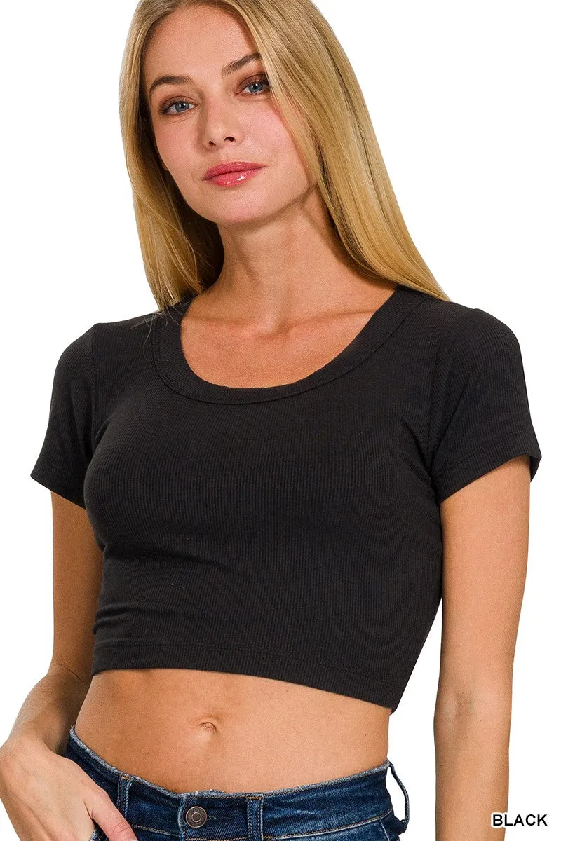 RIBBED SCOOP NECK CROP SHORT SLEEVE TOP