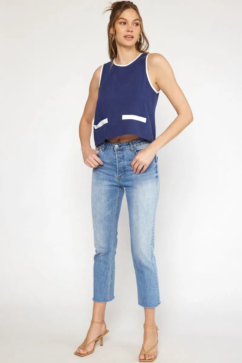 Round Neck Sleeveless Crop Top - Navy