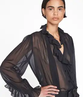 RUFFLE FRONT BUTTON UP SHIRT- NOIR