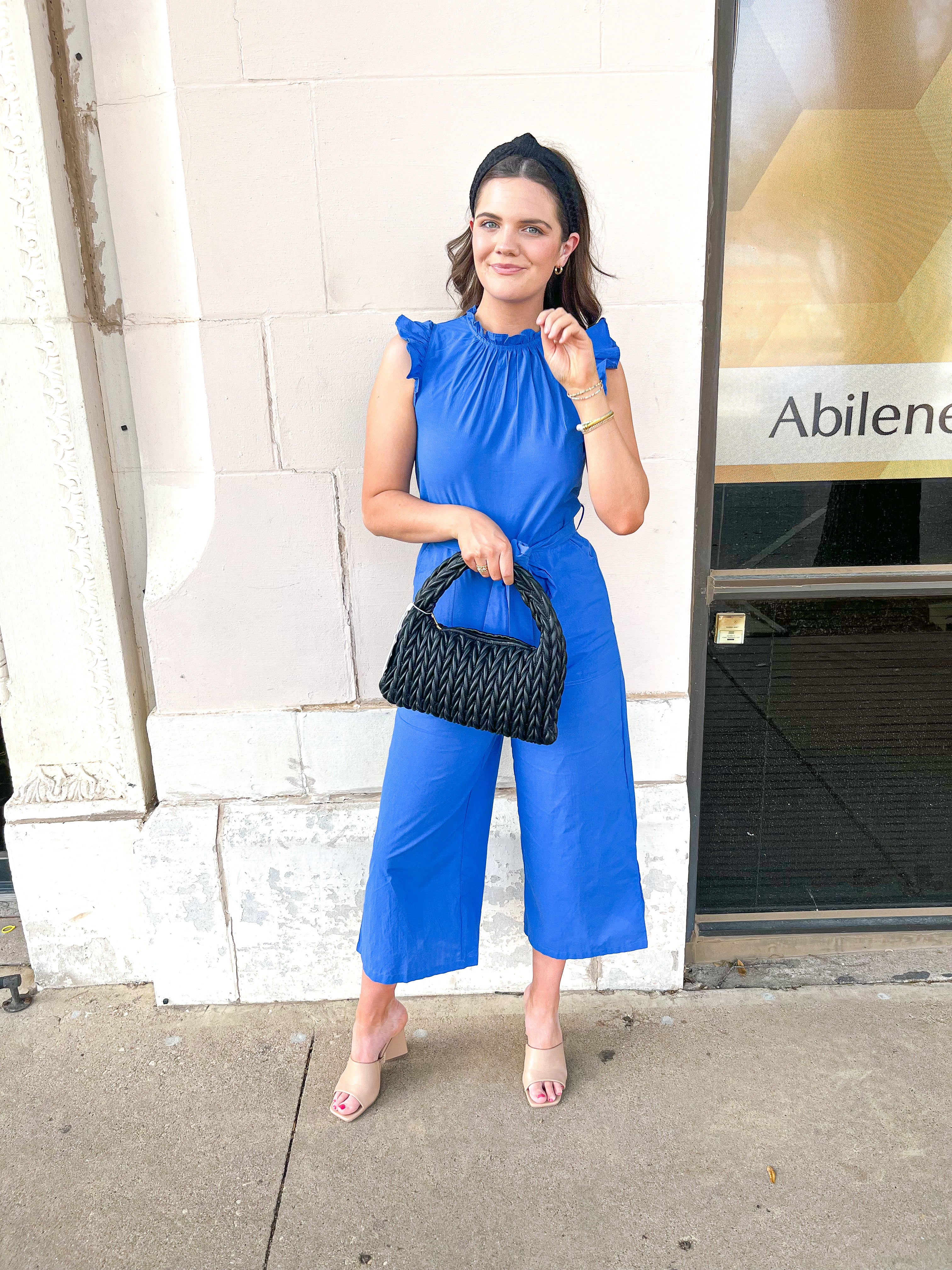 RUFFLE HIGH NECK JUMPSUIT - COBALT BLUE