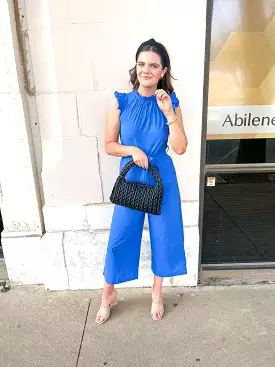 RUFFLE HIGH NECK JUMPSUIT - COBALT BLUE