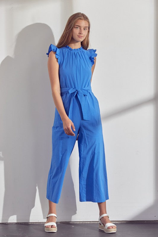 RUFFLE HIGH NECK JUMPSUIT - COBALT BLUE