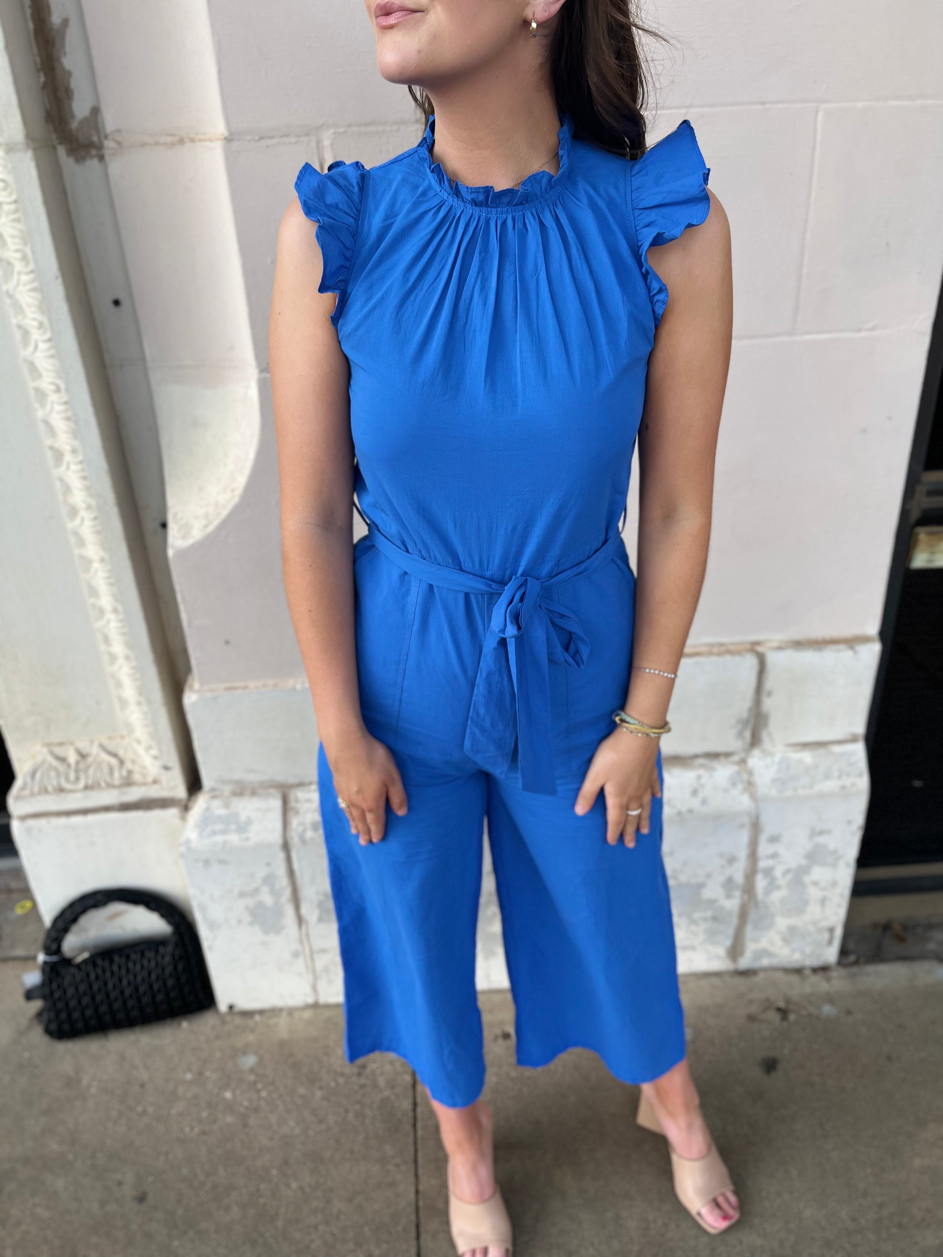 RUFFLE HIGH NECK JUMPSUIT - COBALT BLUE