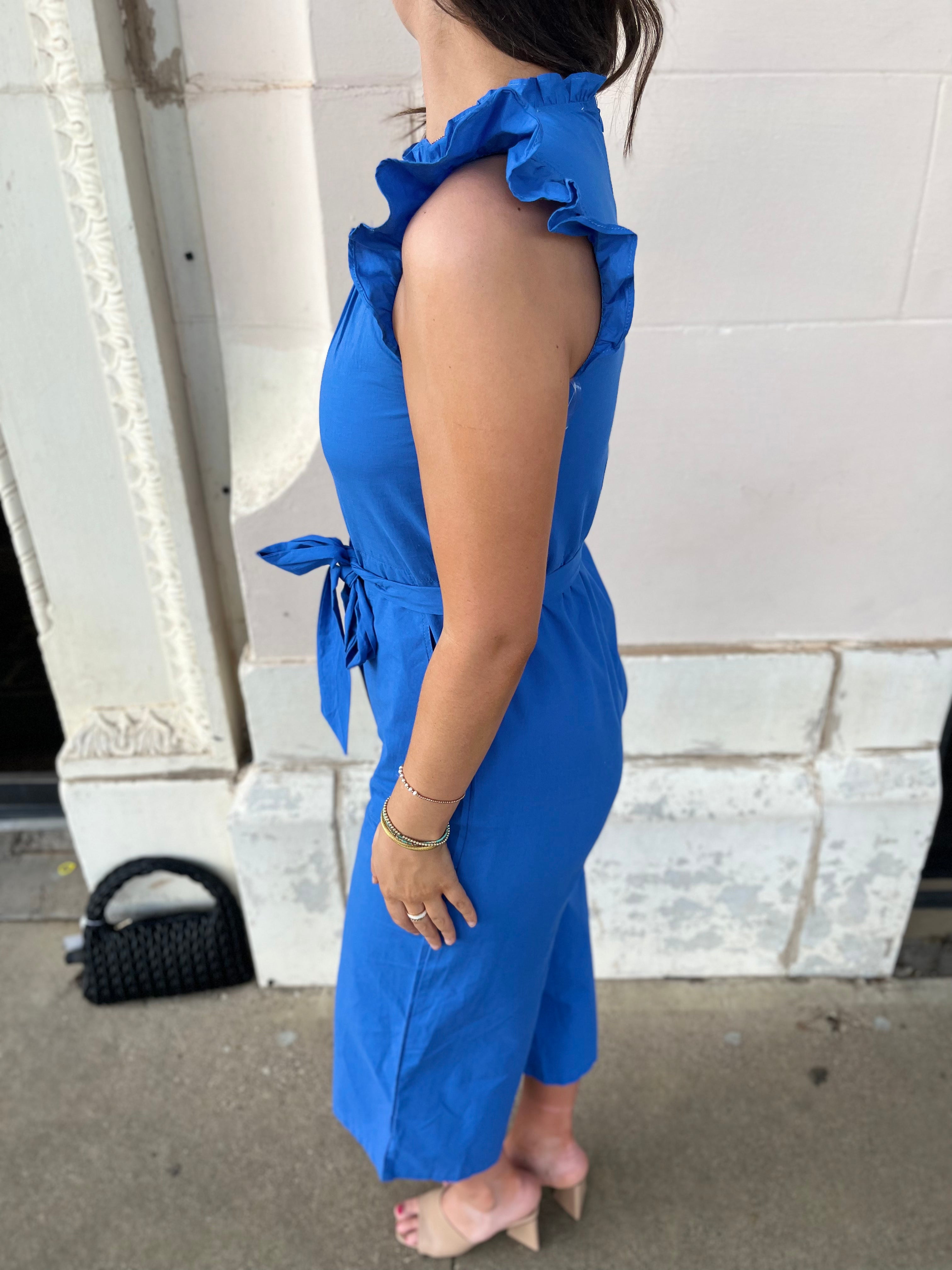 RUFFLE HIGH NECK JUMPSUIT - COBALT BLUE