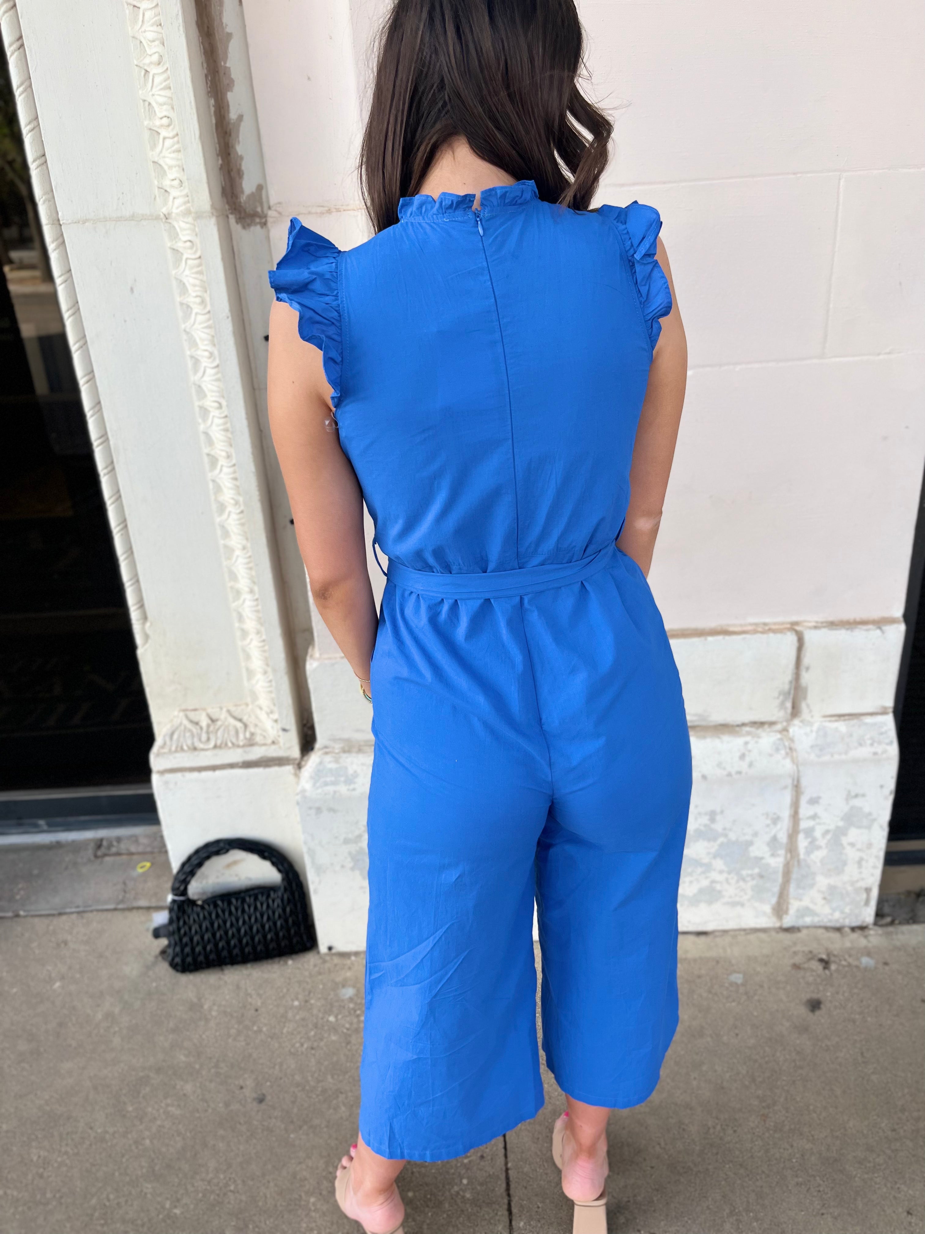 RUFFLE HIGH NECK JUMPSUIT - COBALT BLUE