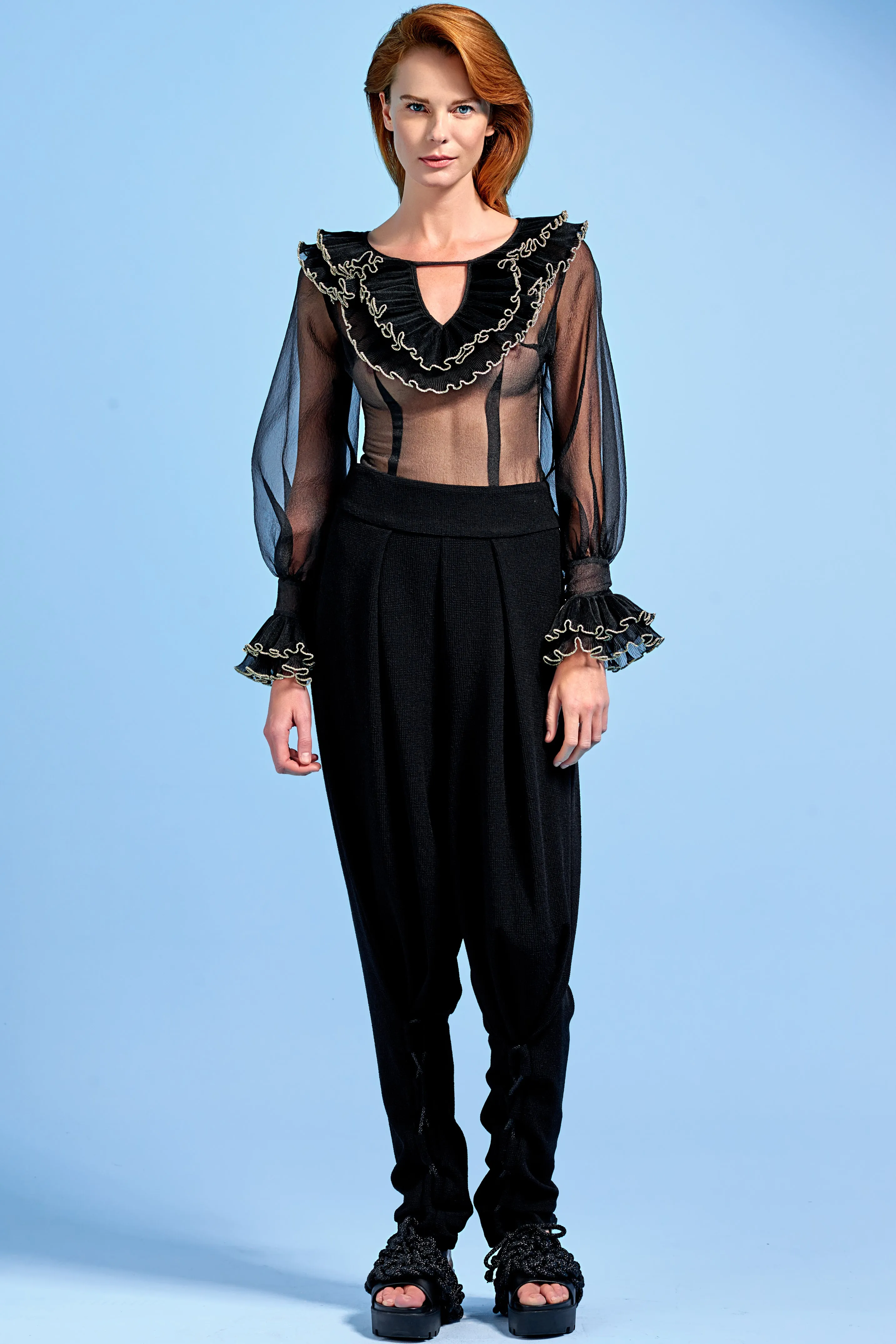 Ruffled Organza Blouse with Metallic Yarn and Stretch Knit Jacquard Shalwar Pant