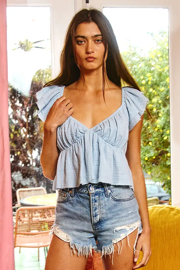 Ruffled Sleeve Babydoll Gauze Crop Top