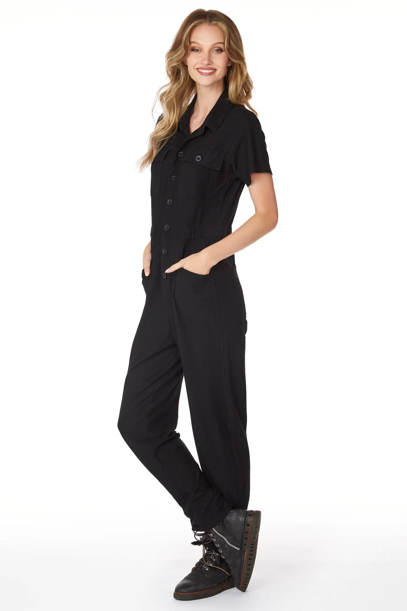 SHORT SLEEVE BUTTON FRONT JUMPSUIT