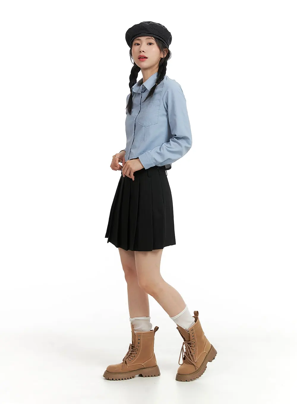 Solid Collar Button-Up Crop Top OM408