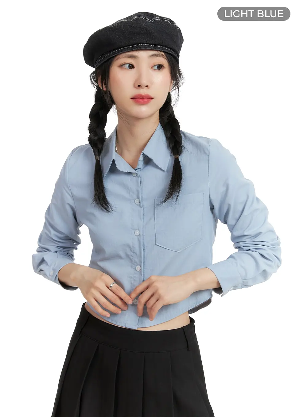 Solid Collar Button-Up Crop Top OM408