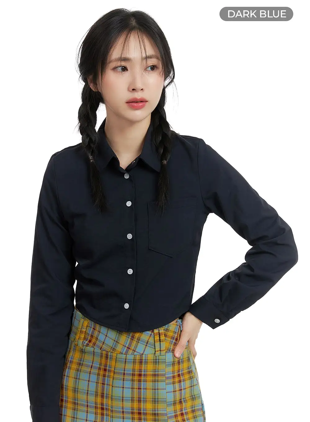 Solid Collar Button-Up Crop Top OM408