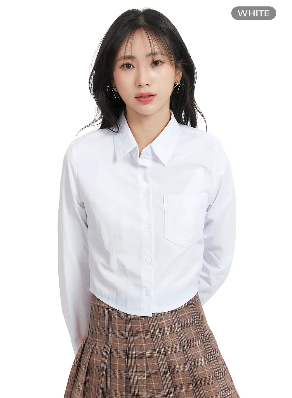 Solid Collar Button-Up Crop Top OM408