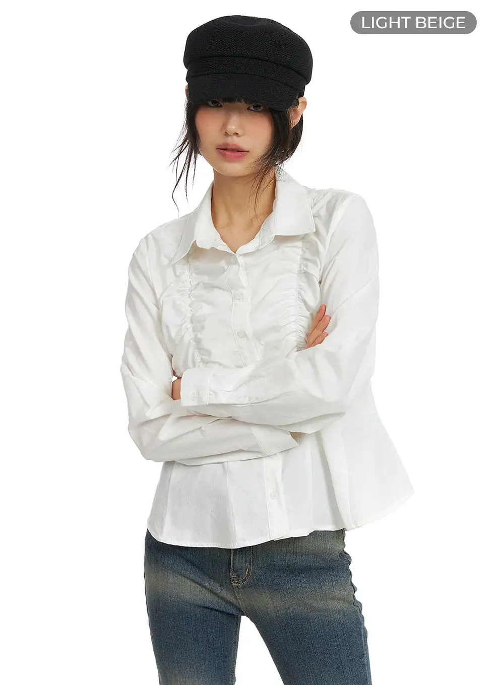 Solid Collar Button Up Shirred Blouse CM413