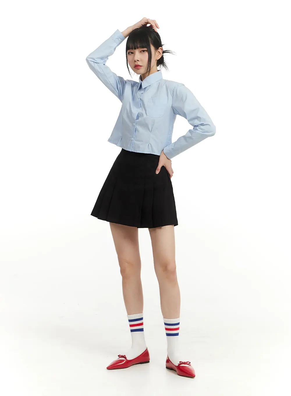 Solid Collar Cropped Long Sleeve Blouse IM406